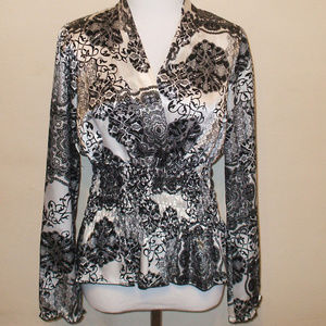 Sunny Leigh Satin Paisley Smocked Waist Shirt Top